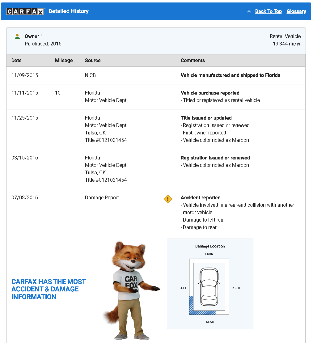 Detailed History section on a Carfax Report